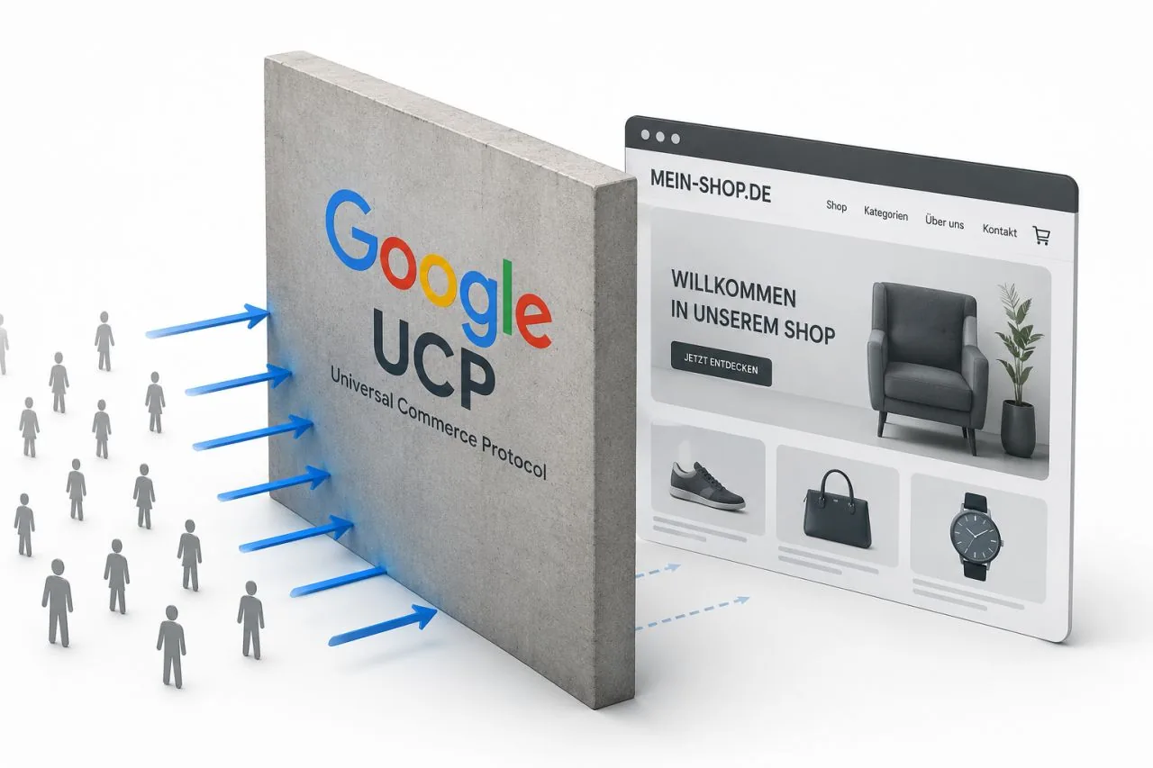Kundenströme passieren eine Google-UCP-Plattform auf dem Weg zu einem Onlineshop