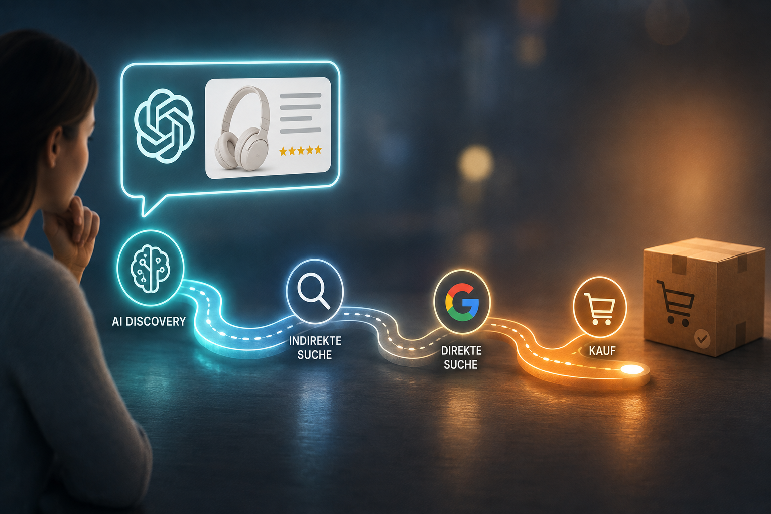 Illustration of a shopping journey from a product recommendation in ChatGPT through subsequent searches to a purchase