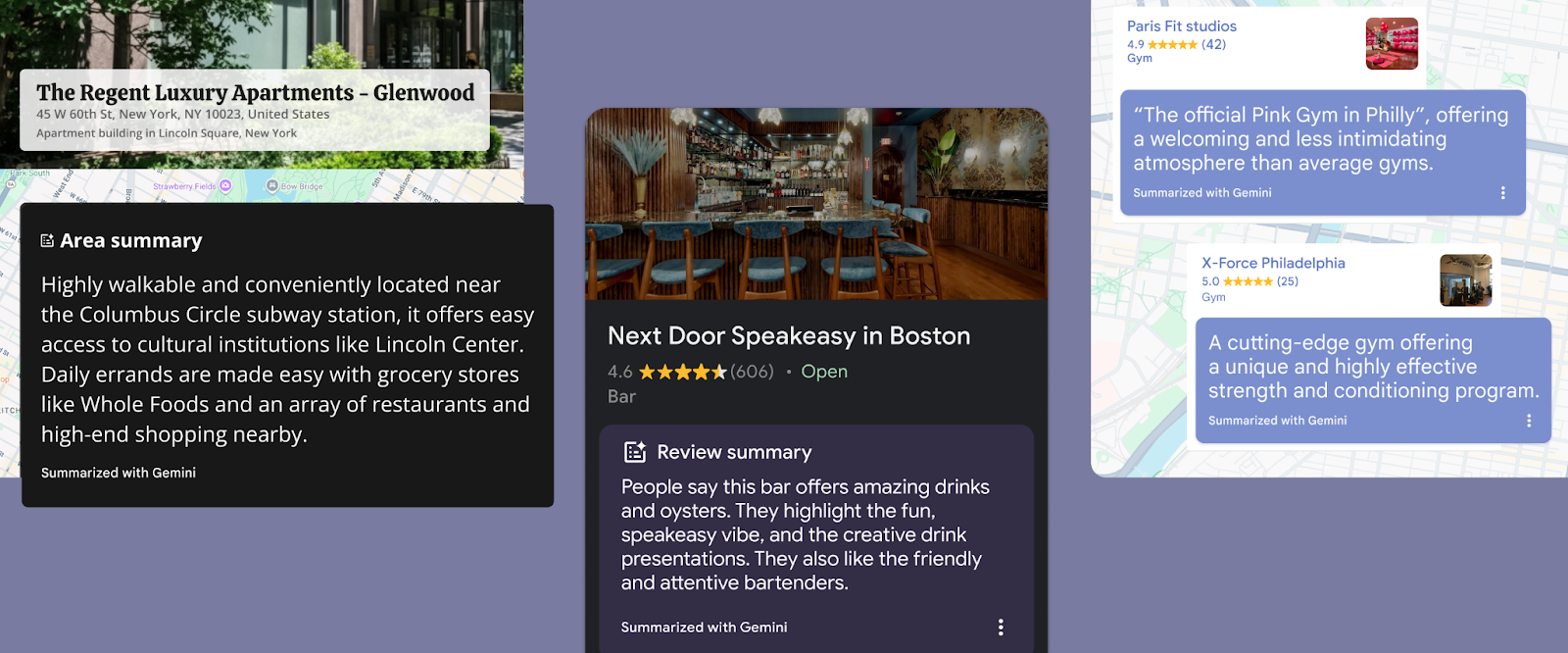 Examples of AI-generated summaries of place and customer reviews in Google Maps