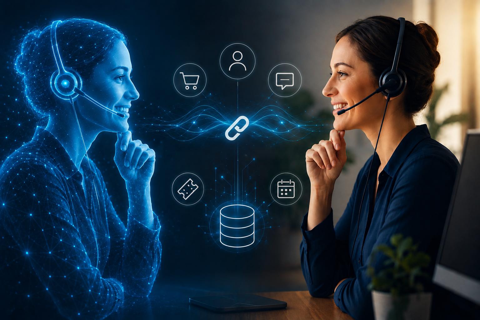 AI voice agent and human service representative working together with customer, CRM and service data