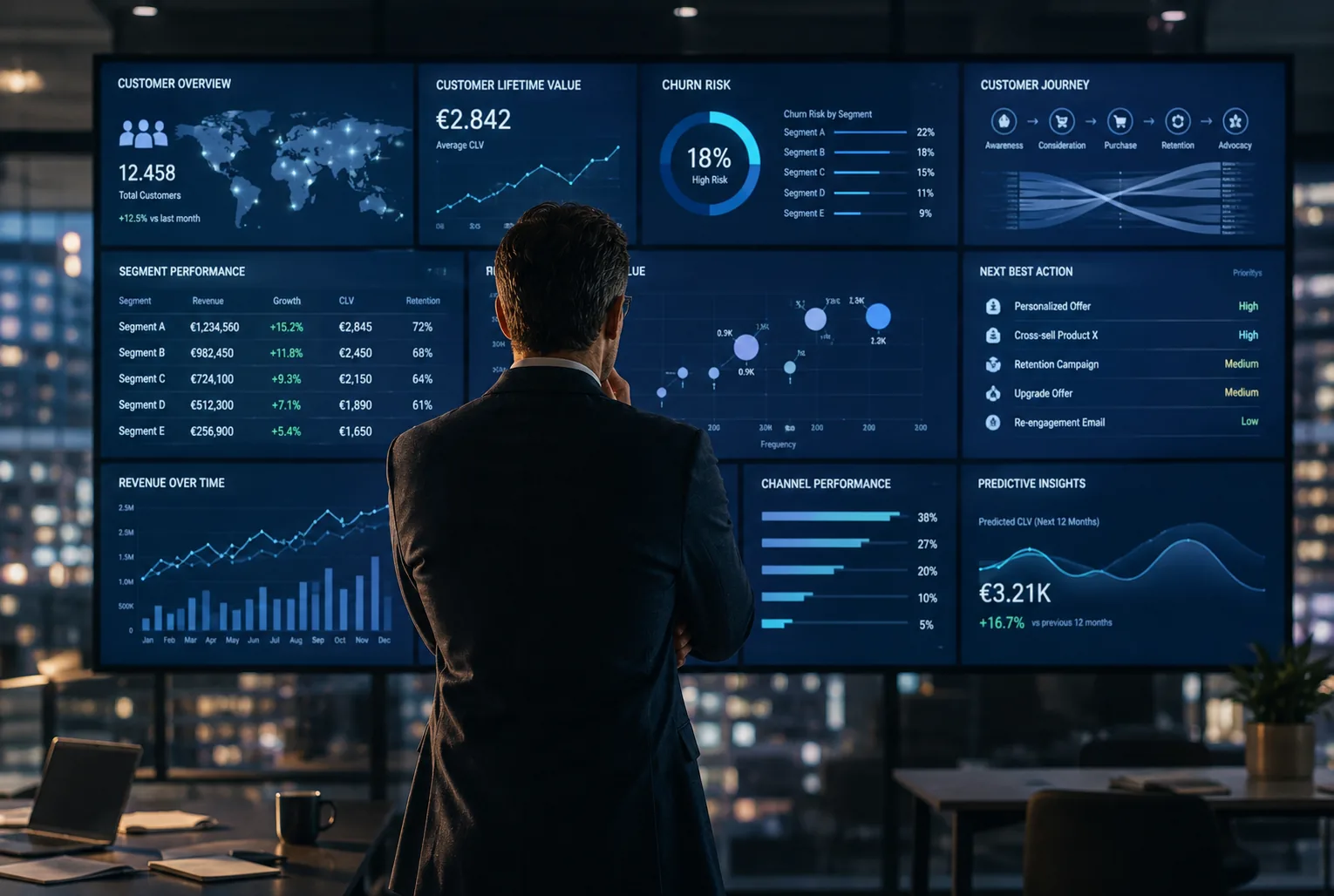 Entscheider vor einem großen Dashboard mit CRM-Analysen zu Kundenwert, Churn und Next Best Action