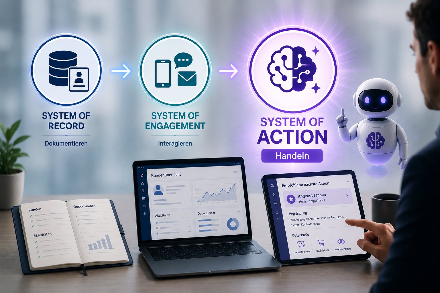 CRM-Entwicklung vom System of Record über das System of Engagement zum KI-gestützten System of Action