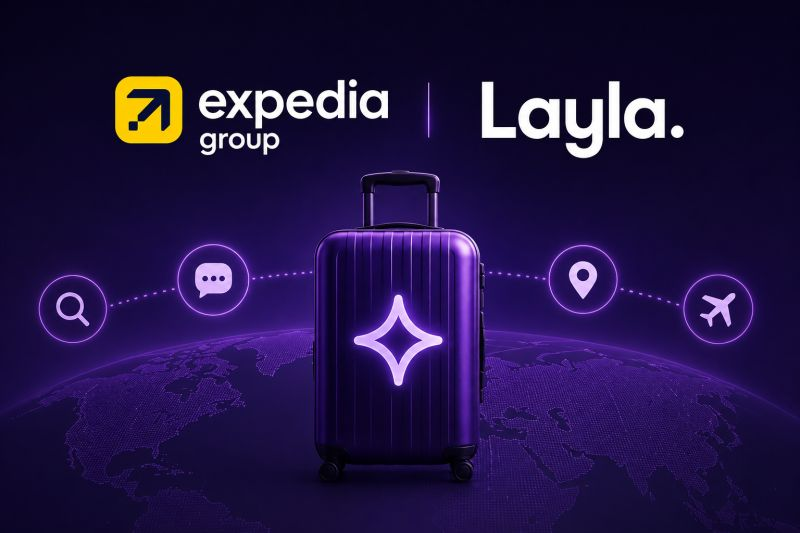 Expedia Group and Layla logos above a connected suitcase symbolising AI-powered travel planning