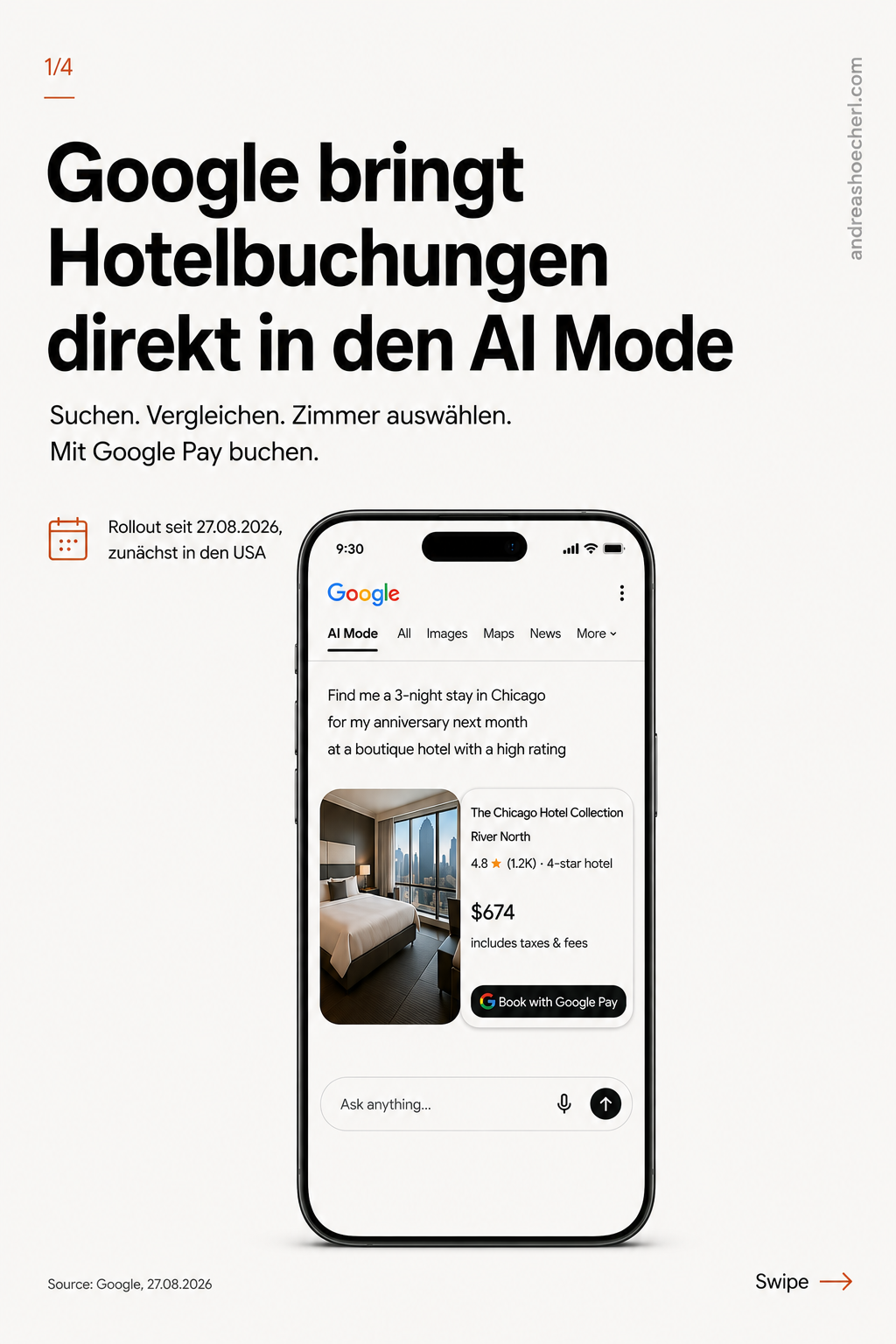 Google bringt Hotelbuchungen direkt in den AI Mode – Übersicht des neuen Buchungsablaufs mit Google Pay