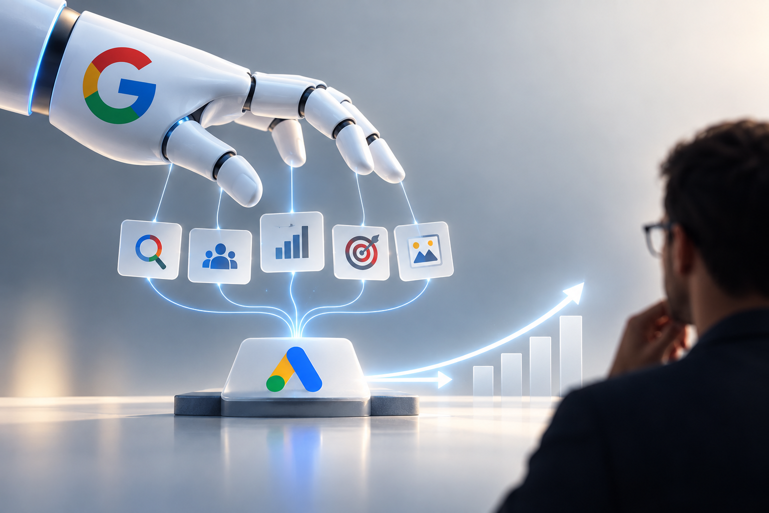 Google AI directing icons for search, audiences, measurement, goals and creative above a Google Ads platform