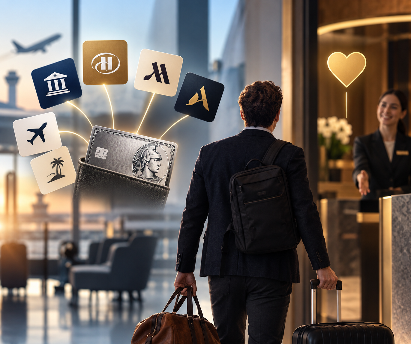 Business traveller between credit-card and hotel loyalty programmes on his way to a hotel