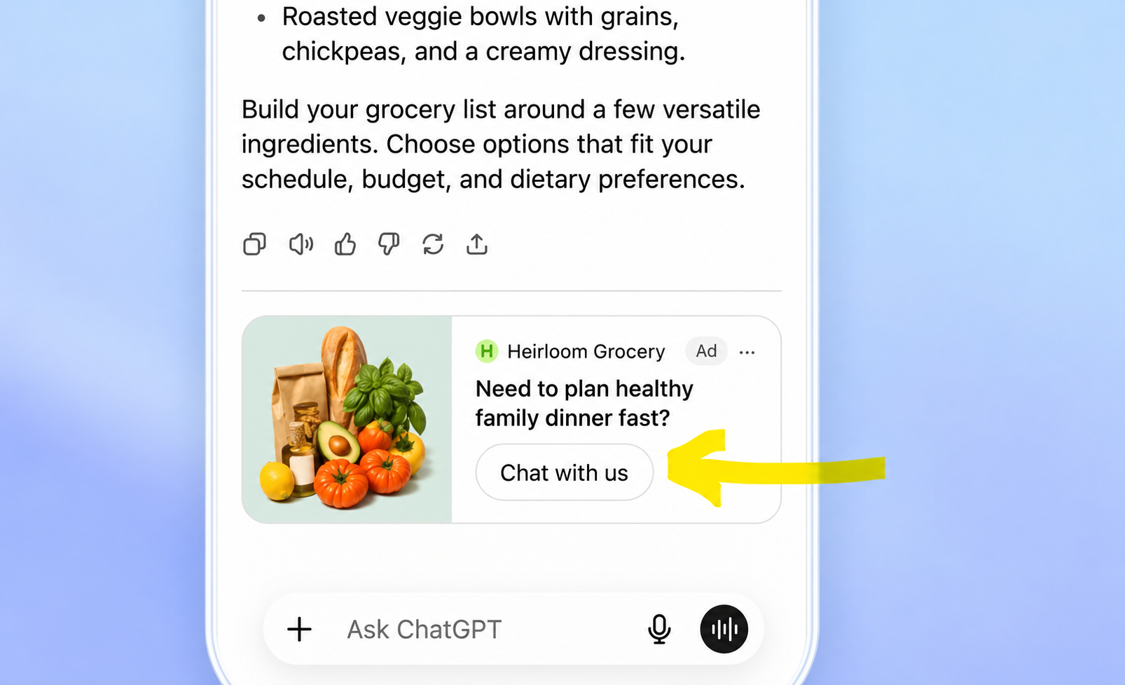 Illustration einer ChatGPT-Anzeige von Heirloom Grocery mit einem gelben Pfeil auf die Schaltfläche „Chat with us“.
