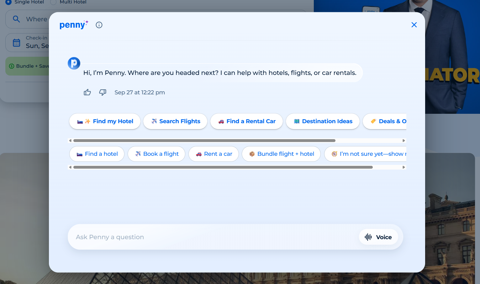 Screenshot des KI-Assistenten Penny auf priceline.com mit Optionen für Hotels, Flüge, Mietwagen, Reiseideen und Spracheingabe.